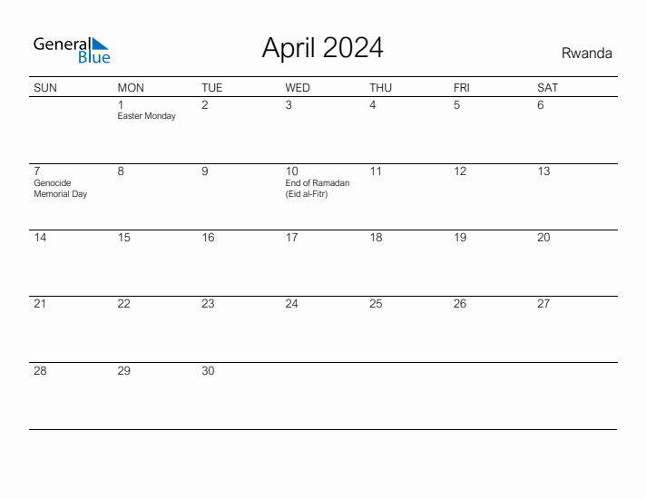 Printable April 2024 Calendar for Rwanda