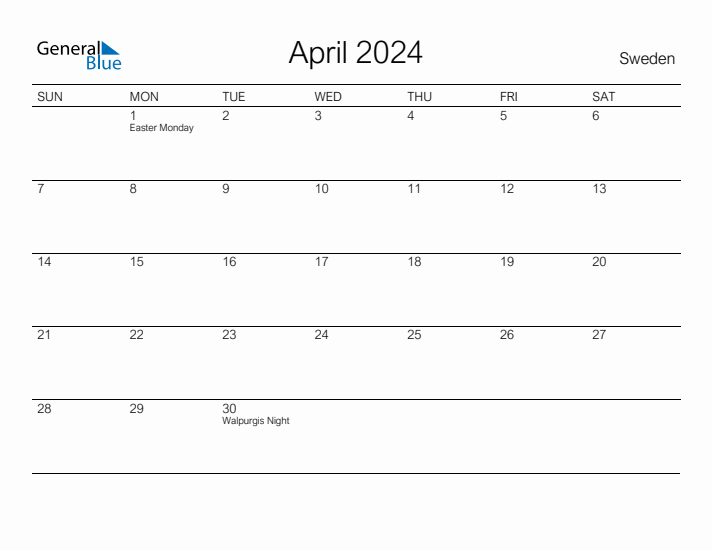Printable April 2024 Calendar for Sweden