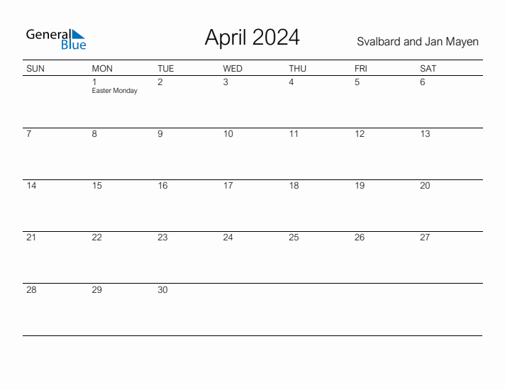 Printable April 2024 Calendar for Svalbard and Jan Mayen