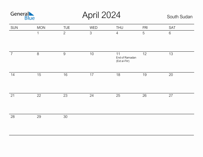 Printable April 2024 Calendar for South Sudan