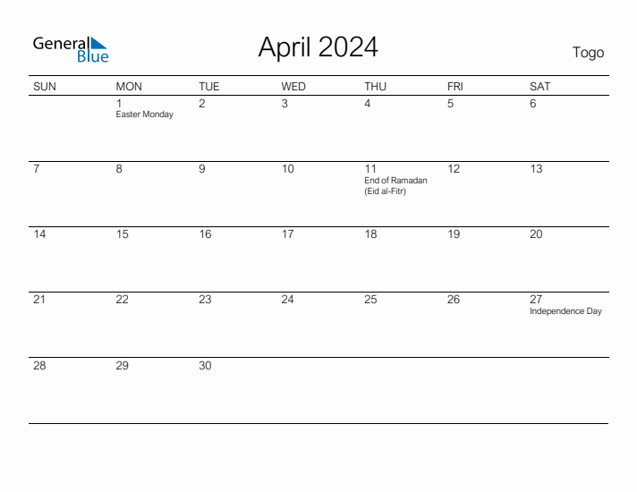 Printable April 2024 Calendar for Togo