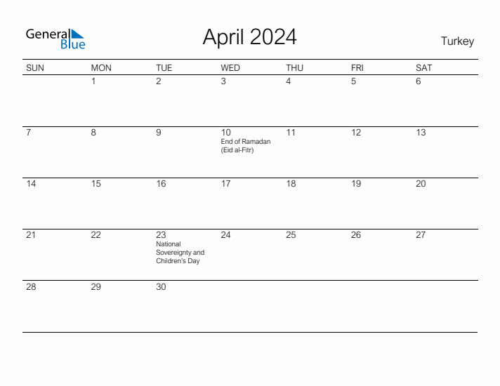 Printable April 2024 Calendar for Turkey