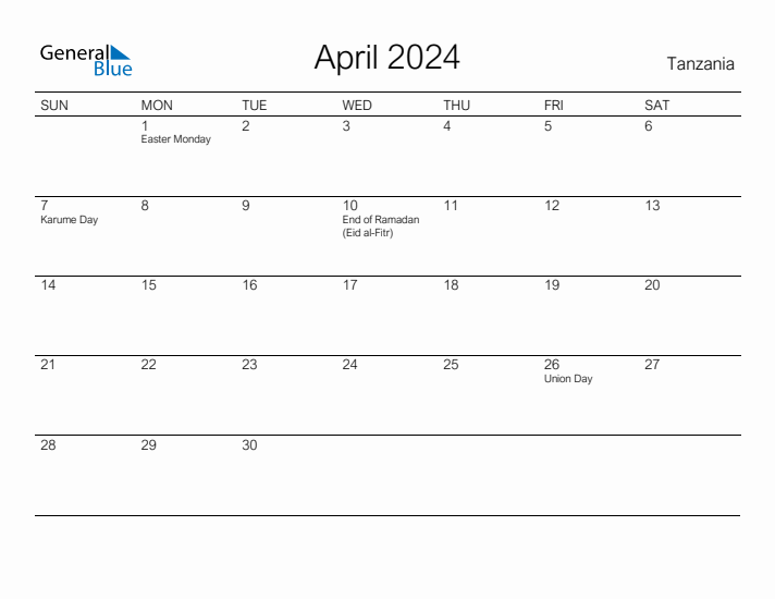 Printable April 2024 Calendar for Tanzania