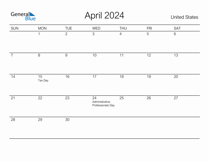 Printable April 2024 Calendar for United States