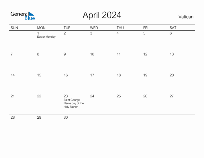 Printable April 2024 Calendar for Vatican