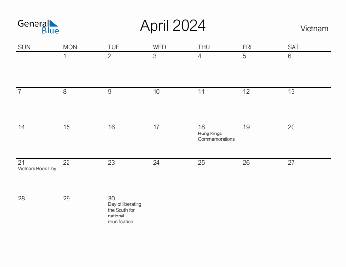 Printable April 2024 Calendar for Vietnam