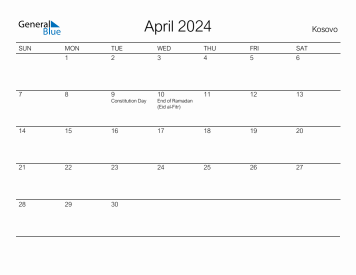 Printable April 2024 Calendar for Kosovo