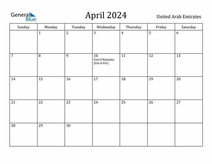 April 2024 Monthly Calendar with United Arab Emirates Holidays
