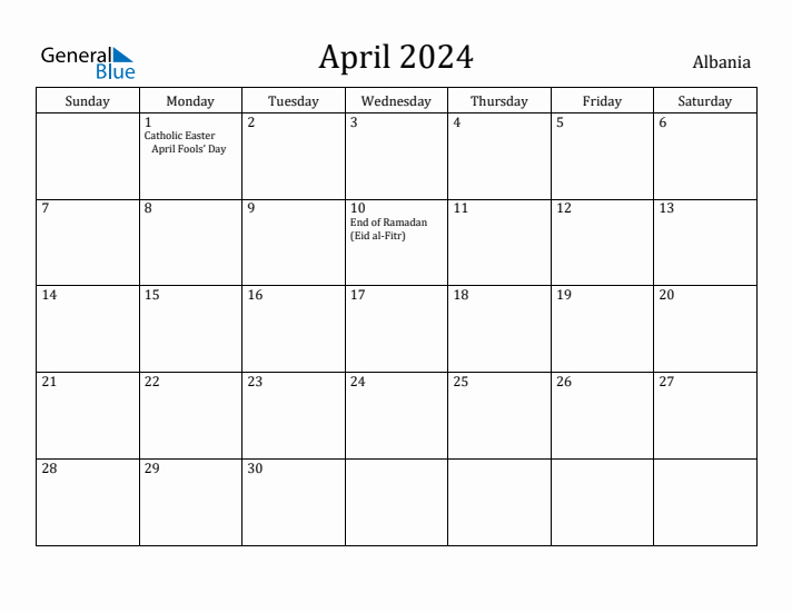 April 2024 Calendar Albania