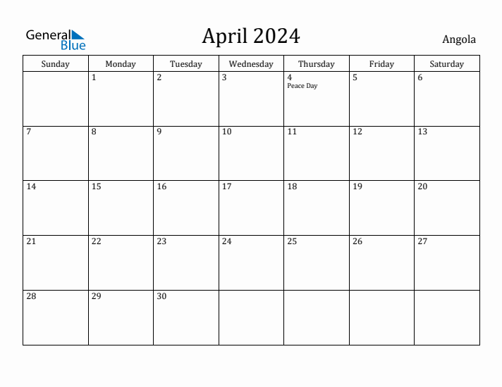 April 2024 Calendar Angola