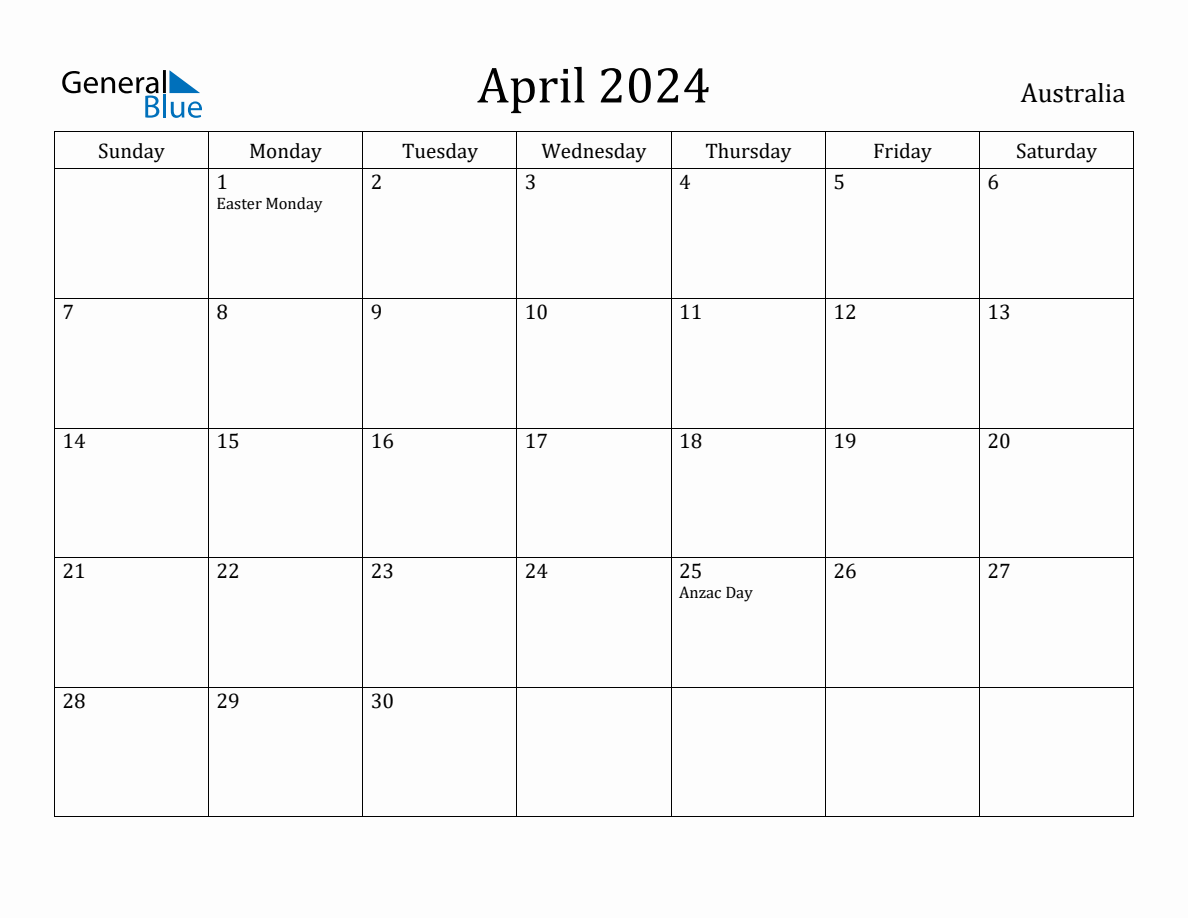 April 2024 Monthly Calendar with Australia Holidays