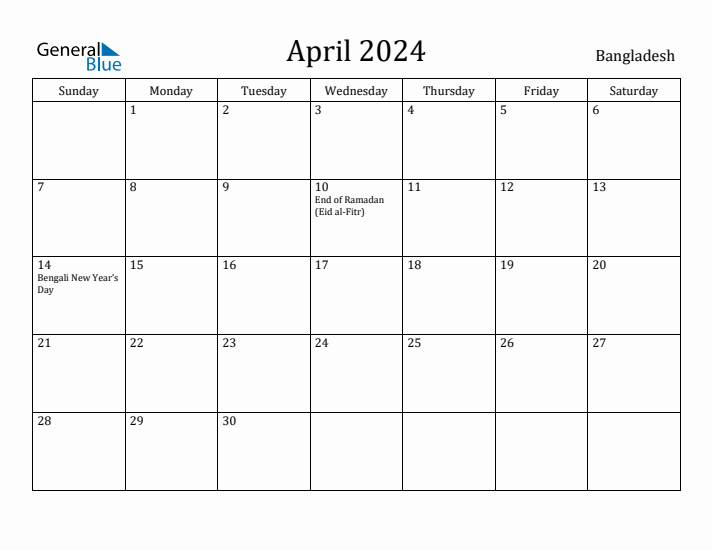 April 2024 Calendar Bangladesh
