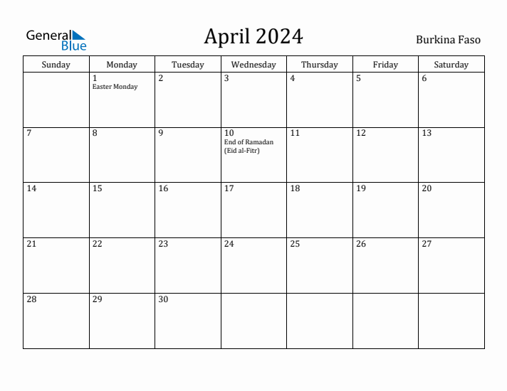 April 2024 Calendar Burkina Faso