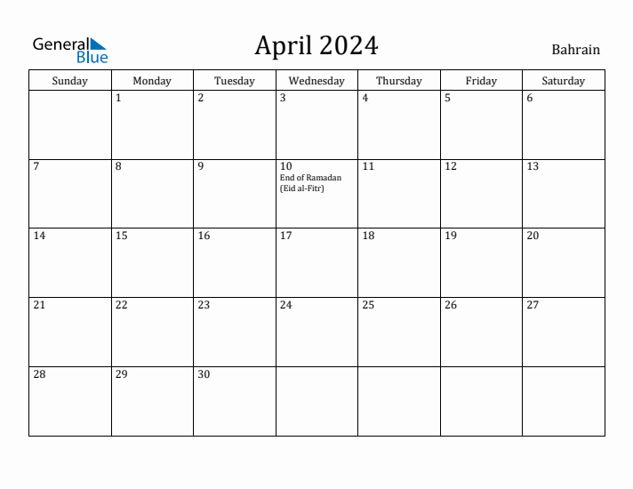 April 2024 Calendar Bahrain