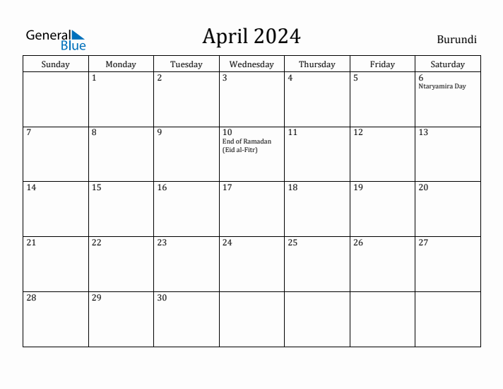 April 2024 Calendar Burundi