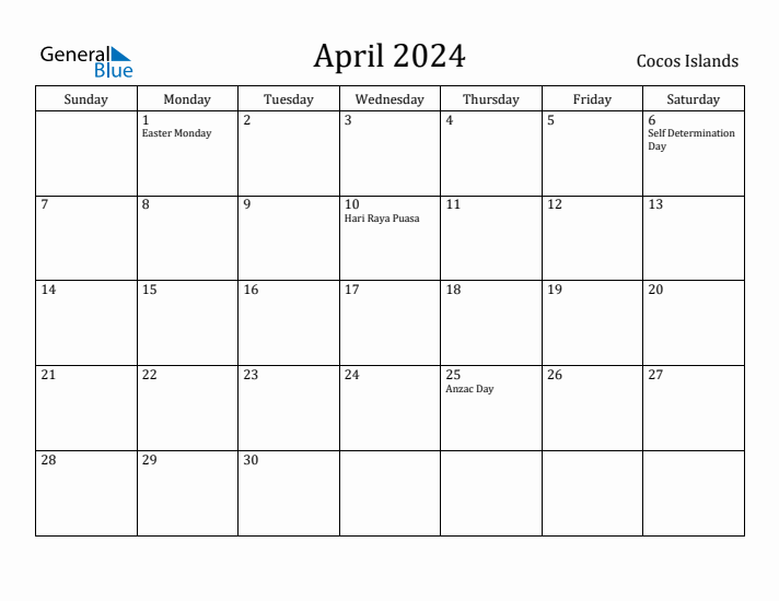 April 2024 Calendar Cocos Islands