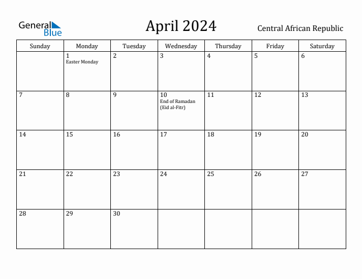 April 2024 Calendar Central African Republic