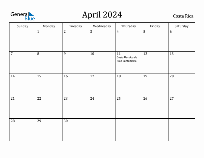 April 2024 Monthly Calendar with Costa Rica Holidays