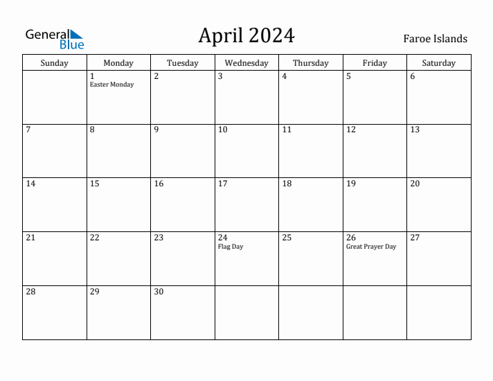 April 2024 Calendar Faroe Islands
