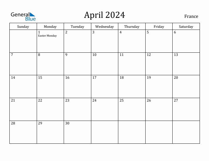 April 2024 Monthly Calendar with France Holidays
