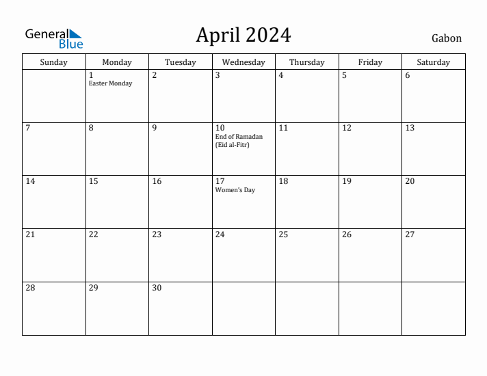 April 2024 Calendar Gabon
