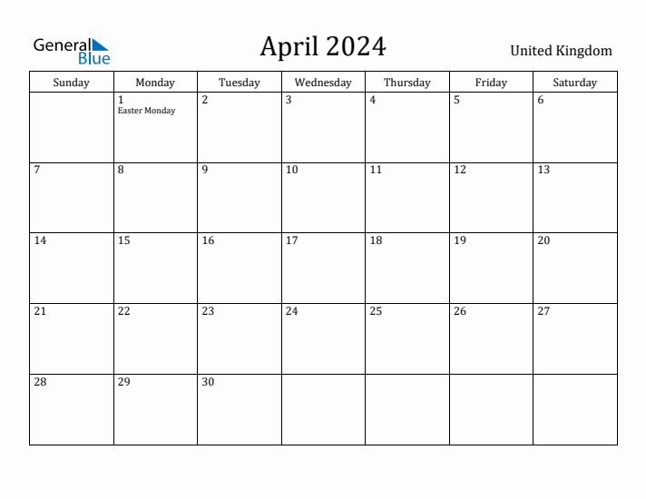 April 2024 Monthly Calendar with United Kingdom Holidays