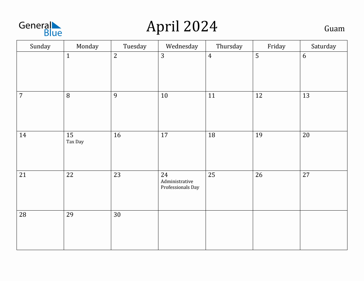 April 2024 Monthly Calendar with Guam Holidays