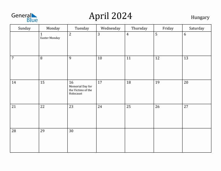 April 2024 Calendar Hungary