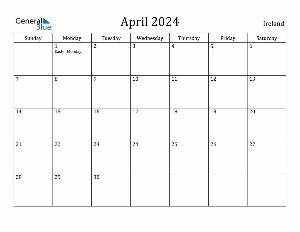 April 2024 Monthly Calendar with Ireland Holidays