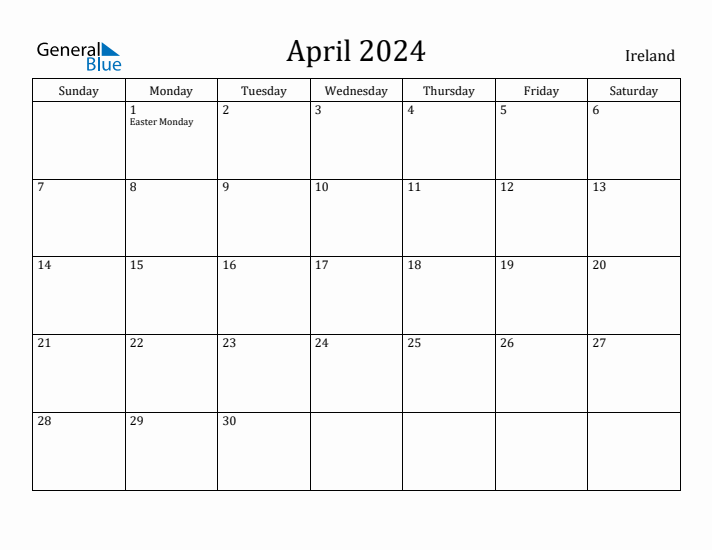 April 2024 Monthly Calendar with Ireland Holidays