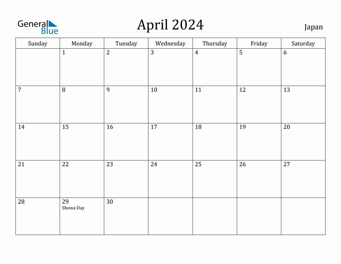 April 2024 monthly calendar with holidays in Japan