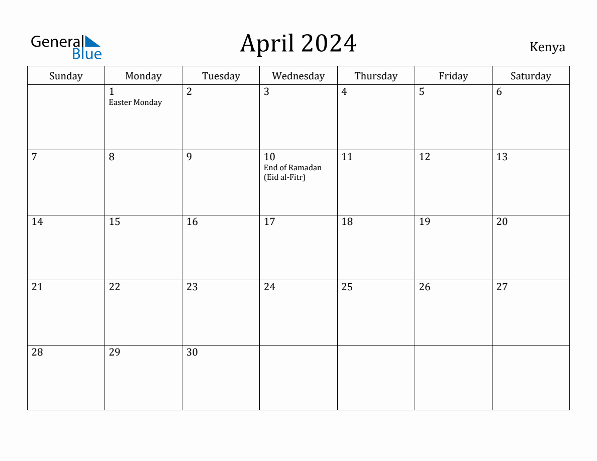 April 2024 monthly calendar with holidays in Kenya