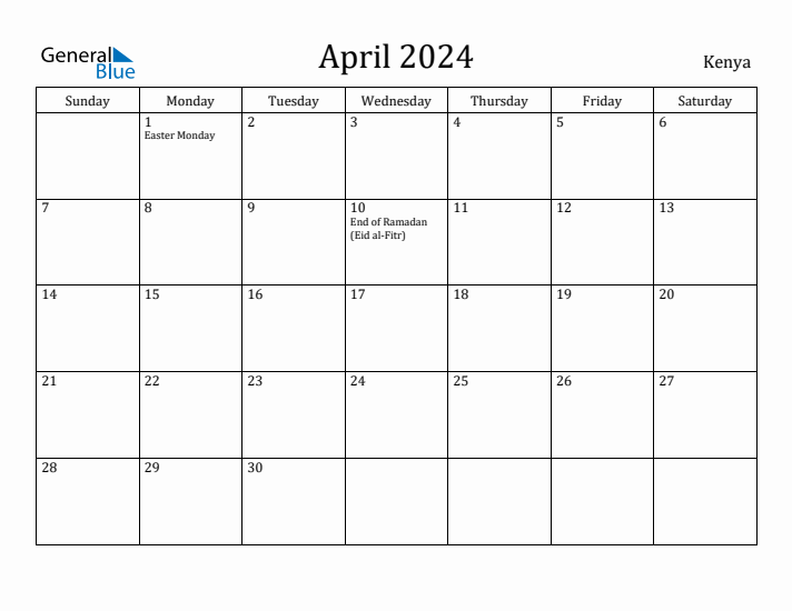 April 2024 Calendar Kenya