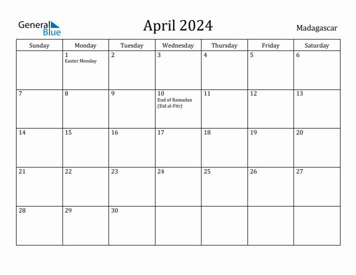 April 2024 Calendar Madagascar