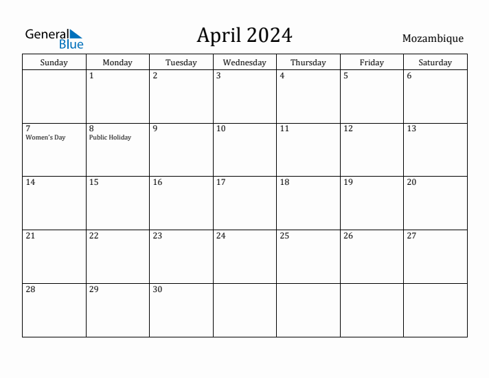 April 2024 Calendar Mozambique