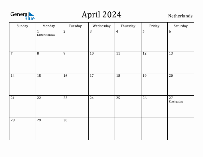 April 2024 Calendar The Netherlands