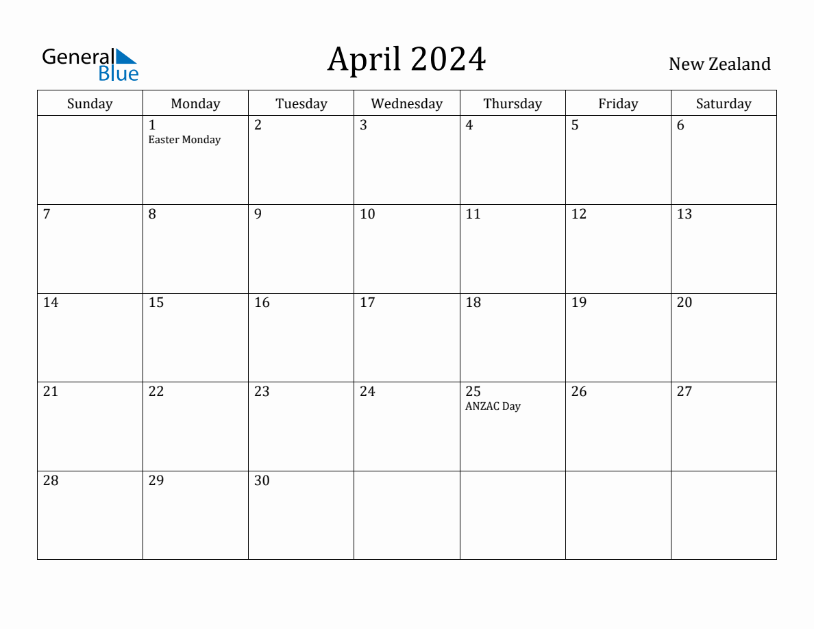 April 2024 monthly calendar with holidays in New Zealand