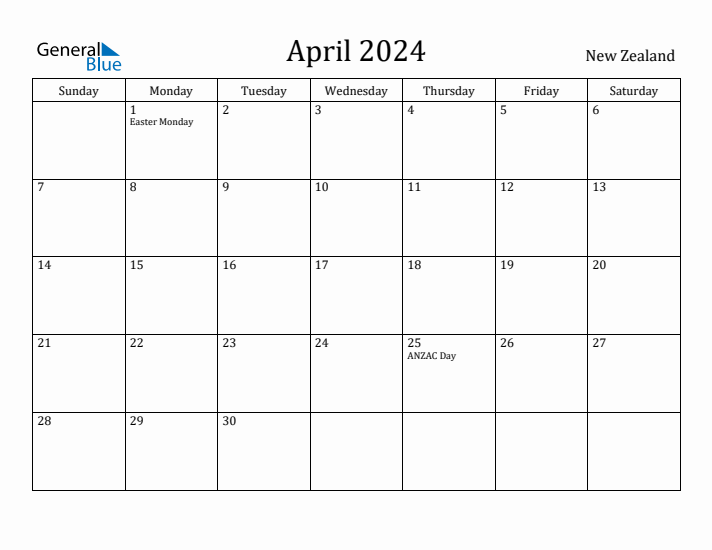 April 2024 Monthly Calendar with New Zealand Holidays