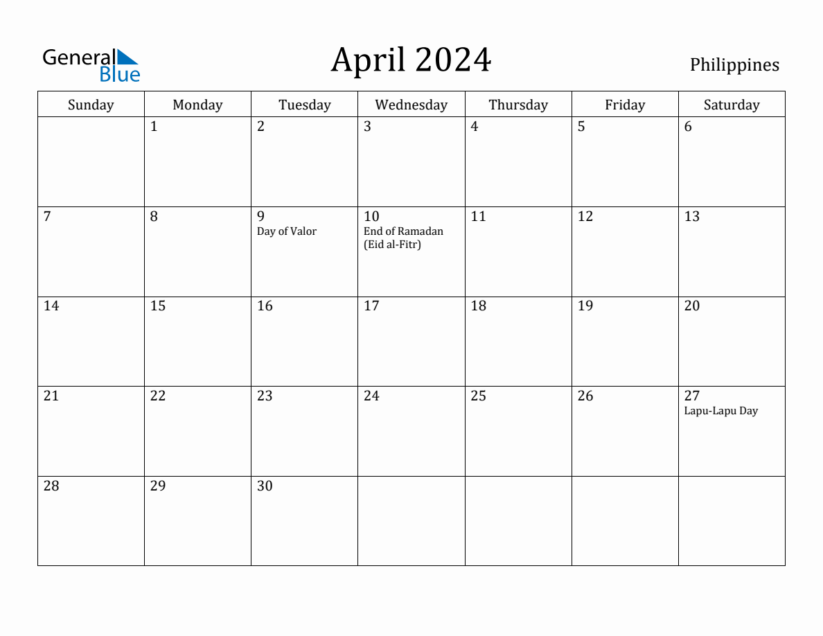 April 2024 monthly calendar with holidays in Philippines