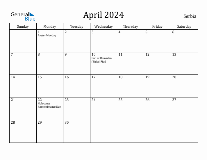 April 2024 Calendar Serbia