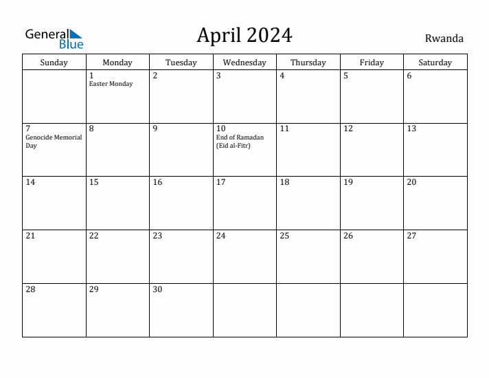 April 2024 Calendar Rwanda