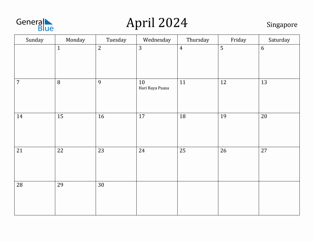 April 2024 monthly calendar with holidays in Singapore