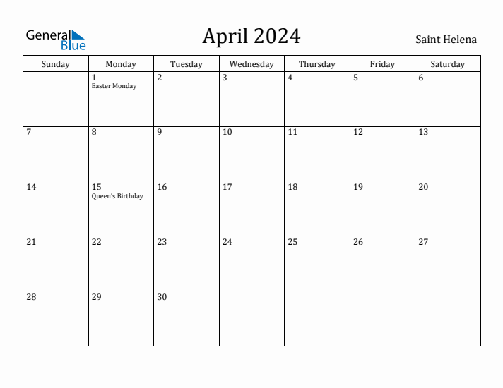 April 2024 Calendar Saint Helena