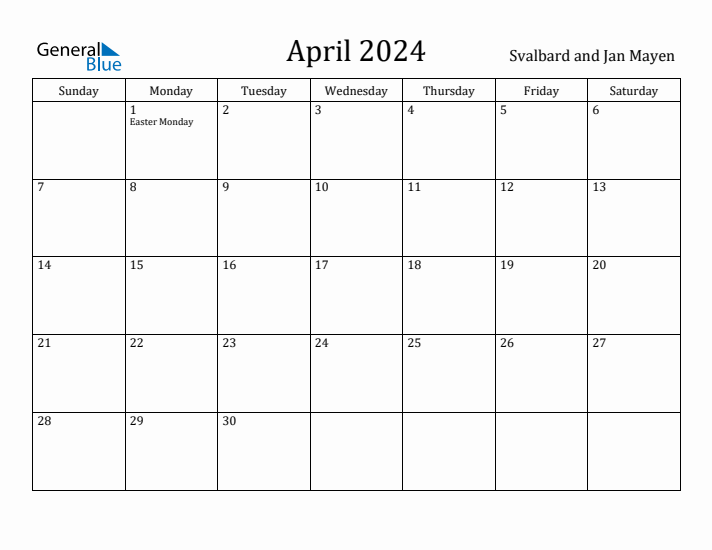 April 2024 Calendar Svalbard and Jan Mayen