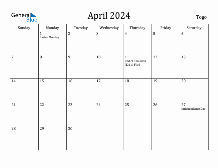 April 2024 Calendar Togo
