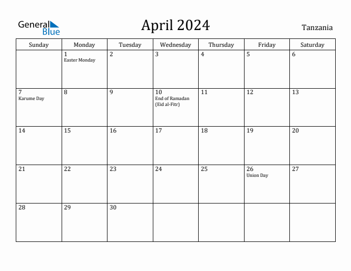 April 2024 Calendar Tanzania