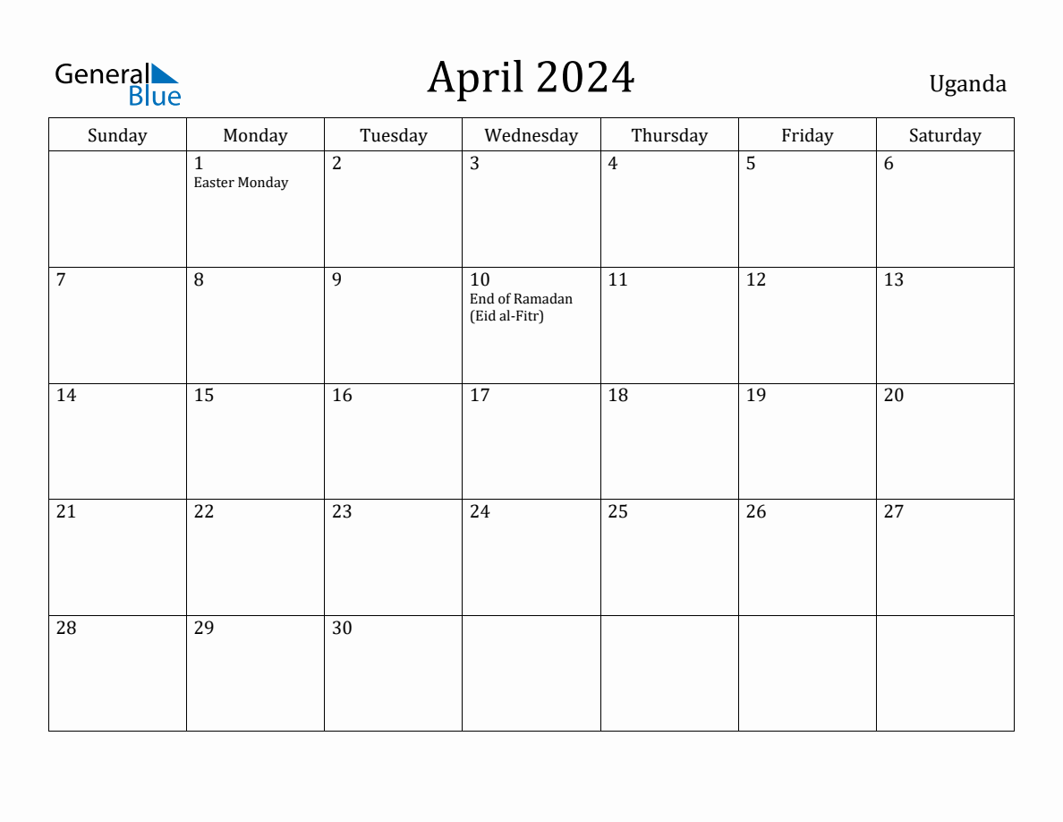 April 2024 Monthly Calendar with Uganda Holidays