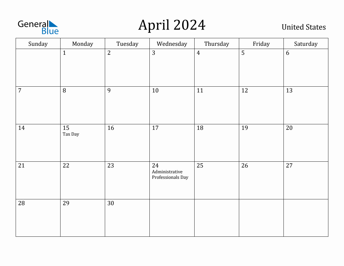 April 2024 monthly calendar with holidays in United States