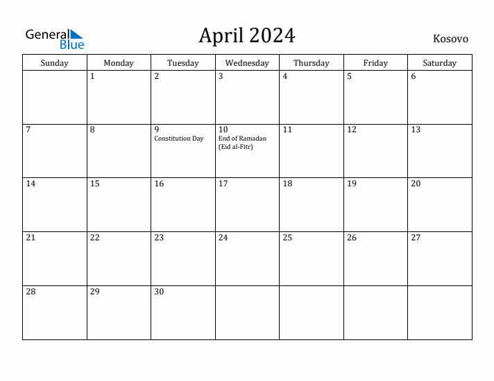April 2024 Calendar Kosovo