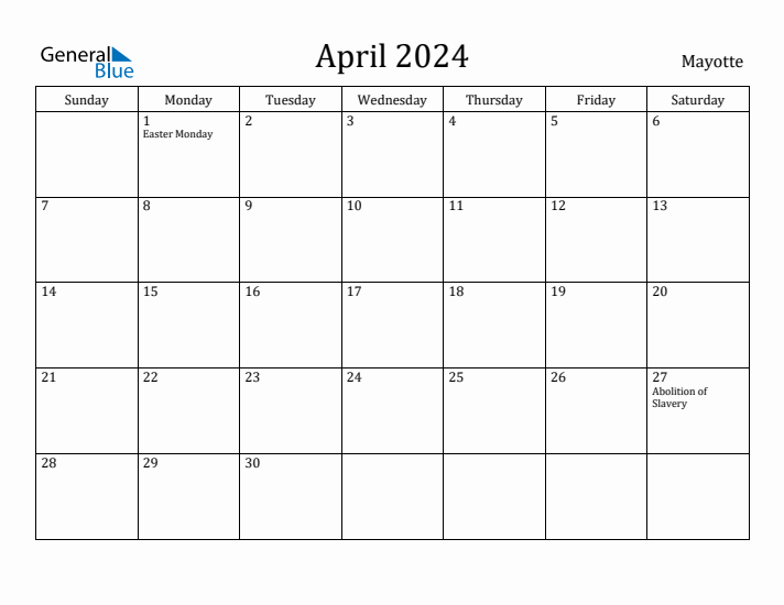 April 2024 Calendar Mayotte